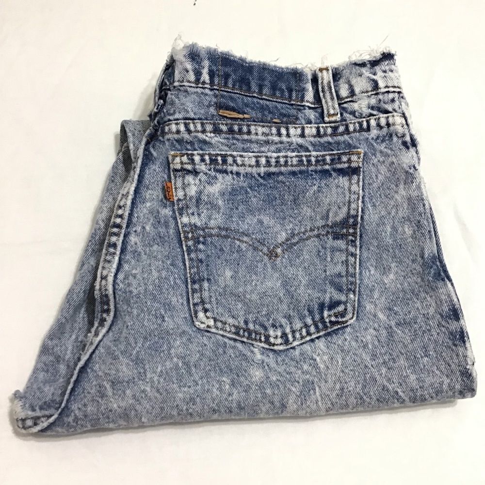 Levi’s Vintage 525 Orange Tab Heavily Distressed Acid Wash Denim Size 36 X 34